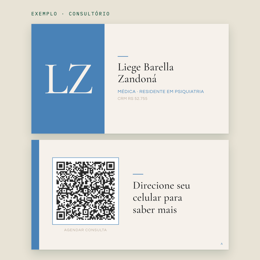 Exemplo: cartão de consultório, frente com monograma e verso com QR para agendar consulta