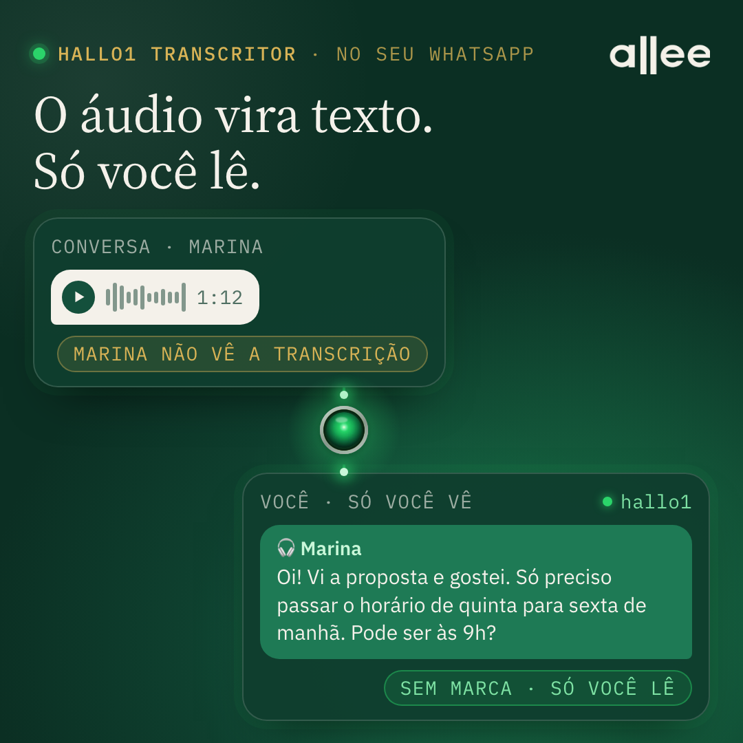hallo1 Transcritor: o áudio vira texto, só você lê. A Marina não vê a transcrição, e o texto sai sem marca.